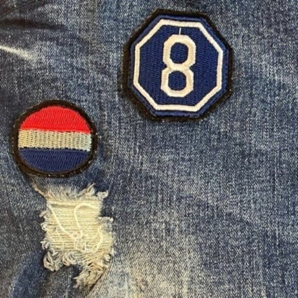 Black Premium Skinny Flex Blue trendy Jeans Distressed Patches Sz 28 /28 Hemmed - Picture 5 of 10